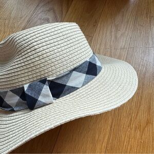 Loft gingham bow straw fedora hat, beige